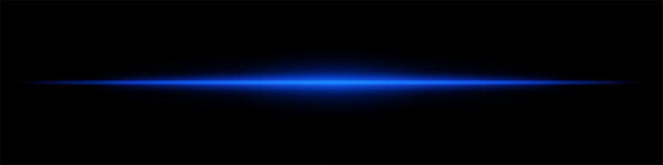 Bright blue horizontal light beam on a black background. Glowing neon laser effect creating a futuristic and high-tech aesthetic. Suitable for technology, sci-fi, speed, and digital energy themes