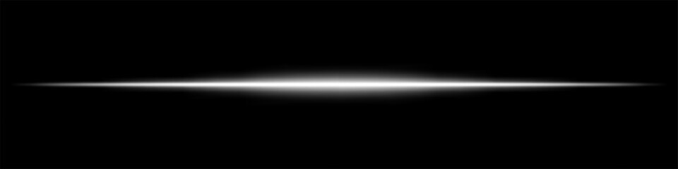 Bright white horizontal light beam on a black background. Glowing neon laser effect creating a futuristic and high-tech aesthetic. Suitable for technology, sci-fi, speed, and digital energy themes