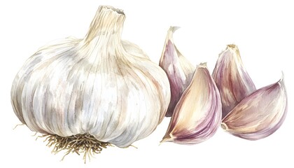 Obraz premium Watercolor depiction of a garlic bulb and several garlic cloves