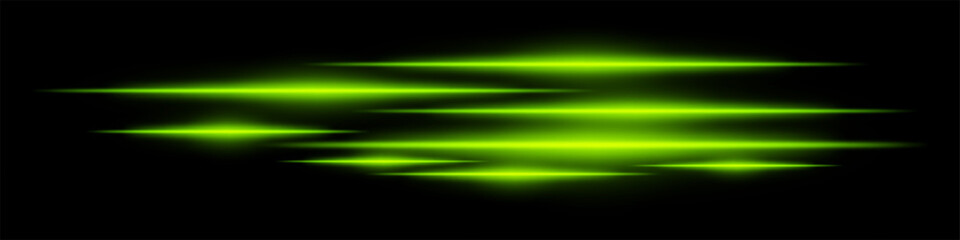 Glowing green light streaks on a black background. Horizontal neon beams create a futuristic and high-speed motion effect. Technology, sci-fi, digital energy, and abstract design themes