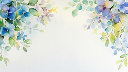 Watercolor Painting of Blue Flowers and Green Leaves