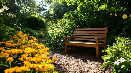 Wooden Bench in a Sunny Garden with Yellow Flowers