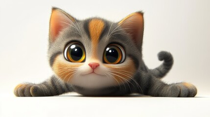 A 3D cartoon cat with big eyes, stretching playfully on a white background