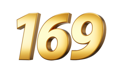 3d number 169 one hundred sixty nine Gold text with reflection 3d illustration