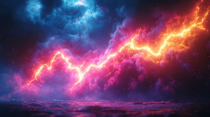 Lightning strikes illuminate vibrant sky with multicolor neon hues, creating dramatic and electrifying atmosphere over dark ocean