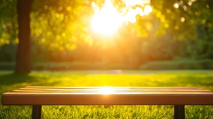 Naklejka premium Wooden Bench in Sunny Park at Sunset