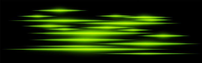 Glowing green light streaks on a black background. Horizontal neon beams create a high-speed motion effect, symbolizing futuristic technology and digital energy