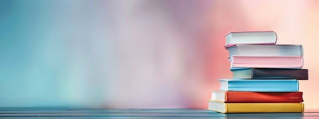 A stack of colorful books on the right side with a blurred white background, creating a clean advertisement banner design with a focus on simplicity colors, perfect for education, knowledge, ,reading