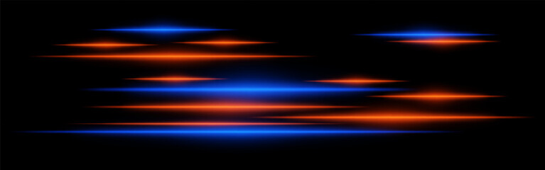 Glowing blue and orange light streaks on a black background. Horizontal neon beams create a high-speed motion effect, representing futuristic technology and digital energy.