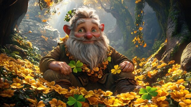 A jovial gnome sits amidst yellow flowers and shamrocks