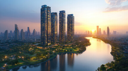 Naklejka premium A skyline dominated by sleek, eco-friendly skyscrapers surrounded by urban green spaces