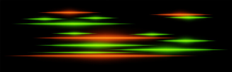 Glowing green and orange light streaks on a black background. Horizontal neon beams create a high-speed motion effect, representing futuristic energy and digital acceleration