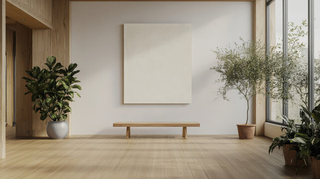 empty canvas on white wall in art gallery with wooden floor exhibtion 3d render illustration mock up template