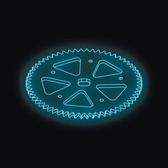 Neon blue cogwheel rotating, representing engineering, innovation, and industrial design, on dark background