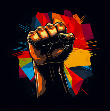 Abstract colorful background with fist raised upwards. Contemporary art collage. Black history month juneteenth background
