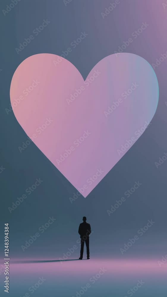 Poster a minimalist surreal scene with a lone figure standing beneath a heart shape merging into the landsc