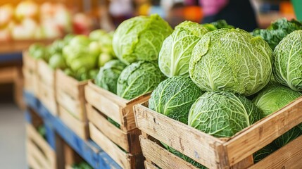 Fototapeta premium Savoy cabbages filling wooden crates at farmers market