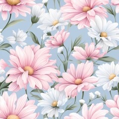 A blue background with pink and white flowers