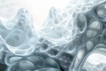 Abstract 3D rendering of a porous, textured, light-blue organic form with cavernous openings.