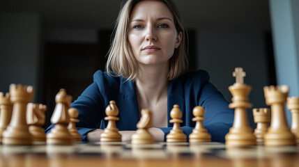 Geschäftsfrau sitzt vor Schachfiguren und und plant die nächsten Schritte der Unternehmensstrategie