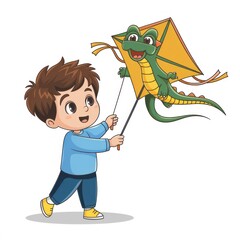 a young boy happily flying a bright yellow kite with a green dragon design in the sky. This cartoon style image is perfect for illustrating childhood fun and dreams
