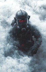 Firefighter wearing full gear and helmet, surrounded by smoke. High-angle shot, with smoke in the background