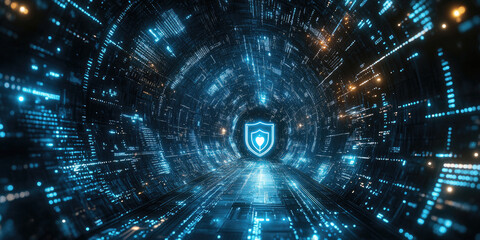 A futuristic representation of encrypted data streams, with binary code and a shield icon for data protection.