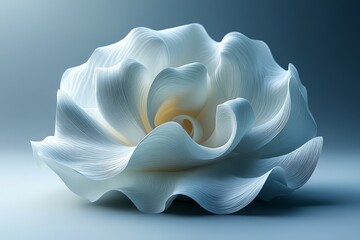 Abstract 3D white flower-shaped object with overlapping lines on a light gray background, high-resolution illustration.