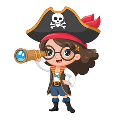 a cute pirate girl with glasses is using a telescope to look for adventure. The adorable pirate is wearing a pirate hat, red bandana, and a pirate shirt.