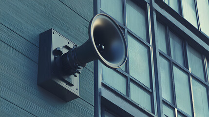 a large black loudspeaker mounted on the exterior wall of a building with large windows. The loudspeaker is directed outward, likely for public announcements or alarms.
