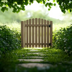 Wooden Gate Leading to a Lush Green Garden Path
