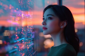 A woman gazes at a vibrant digital display, showcasing data streams against a sunset cityscape.