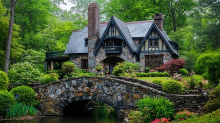 Obraz premium A fairy-tale cottage with a stone bridge over a babbling brook, surrounded by lush trees and wildflowers. --chaos 20 --ar 16:9 --quality 2 --v 6.1 Job ID: ef2385ac-0851-4c02-9e75-3ef6c0656ba1