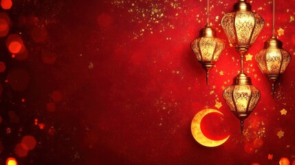 Golden Lanterns Hanging Against Red Festive Background