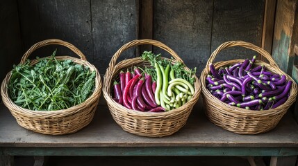 Three baskets of vegetables are on a table