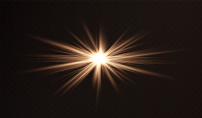 Fototapeta premium Glowing golden starburst light effect on a dark background. Radiating beams create a luminous flare, symbolizing energy, illumination, and futuristic design. Sci-fi, digital effects, abstract