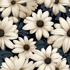 A black and white floral pattern with white flowers