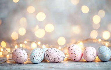 Obraz premium Dreamy mockup background with space for text designed with scattered pastel eggs gently illuminated by fairy lights for a soft and magical atmosphere for Easter
