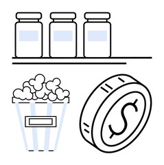 Jars on a shelf, striped popcorn bucket, and a dollar coin. Ideal for budgeting, expenses, entertainment, savings, financial management retail and spending habits. Abstract line flat metaphor