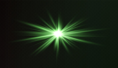 Glowing green starburst light effect on a dark background. Radiating beams create a luminous flare, symbolizing energy, illumination, and futuristic design. Sci-fi, digital effects, abstract