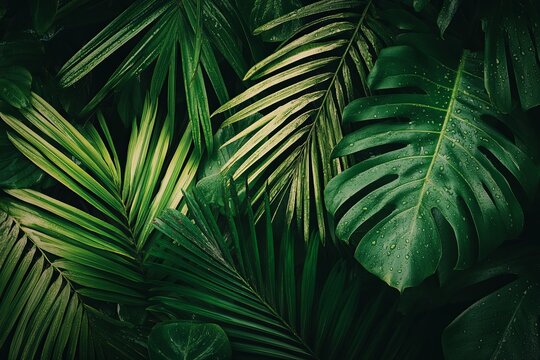 A close-up shot of the leaves and water droplets on a palm tree
