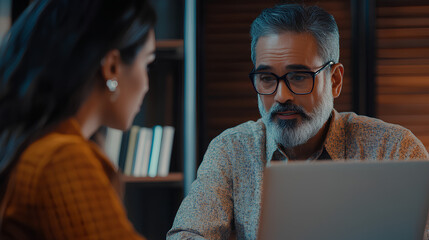 two people sitting across from each other at a table, with a laptop in front of one person. The background includes a bookshelf.