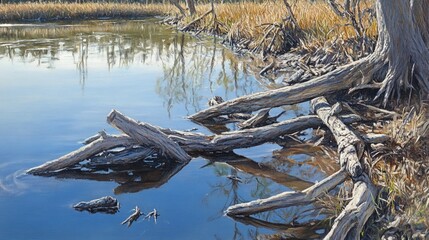 Fallen Logs Reflecting in Calm Water