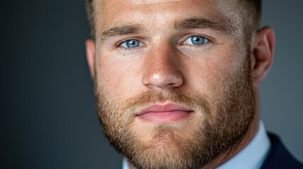 Obraz premium Close up portrait of a confident middle aged professional man with a beard wearing a suit and tie posing in a studio setting with a grey background The image conveys a sense of authority leadership