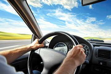 Blurred image man driving a car on the road. Close up of male hands on steering wheel