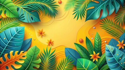 Vibrant Tropical Paradise Lush Foliage and Sunny Yellow Abstract Background Featuring Exotic Leaf Designs and Floral Accents
