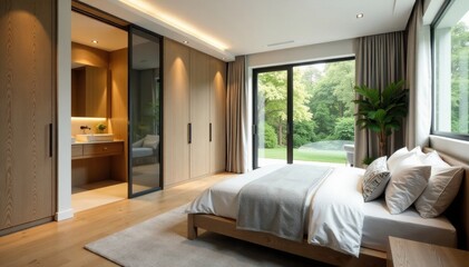 Obraz premium Open-plan bedroom with walk-in wardrobe and bathroom, clean, wardrobe, sink
