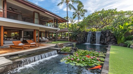Fototapeta premium A picturesque backyard with a small artificial waterfall flowing into a pond filled with lilies and koi fish. --chaos 20 --ar 16:9 --quality 2 --v 6.1 Job ID: 417a5552-0d8c-4645-8b6d-44996ba10b7c