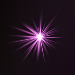 Obraz premium Glowing purple starburst light effect on a dark background. Radiating beams create a luminous flare, symbolizing energy, illumination, and futuristic design. Sci-fi, digital effects, abstract themes