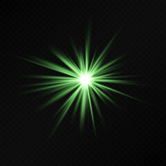 Glowing green starburst light effect on a dark background. Radiating beams create a luminous flare, symbolizing energy, illumination, and futuristic design. Sci-fi, digital effects, abstract themes